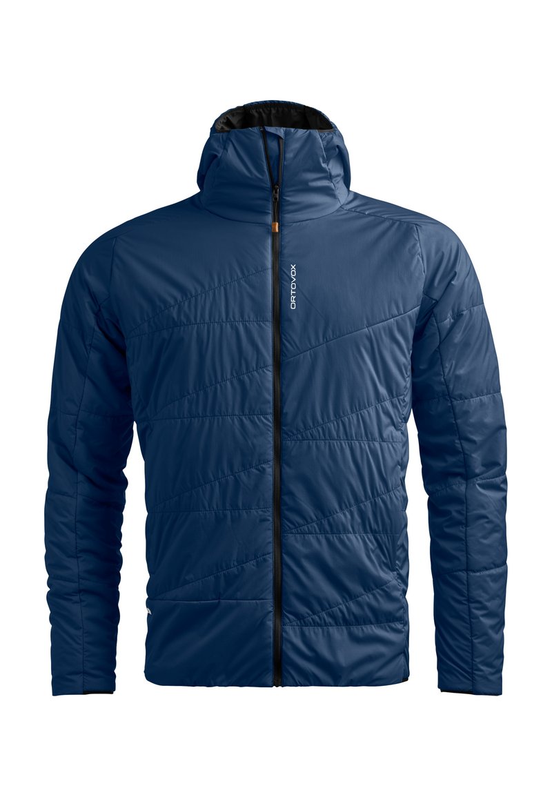 Navy insulated jacket with a zip closure, hood, and diagonal quilting pattern. Features black trim and a logo on the front.