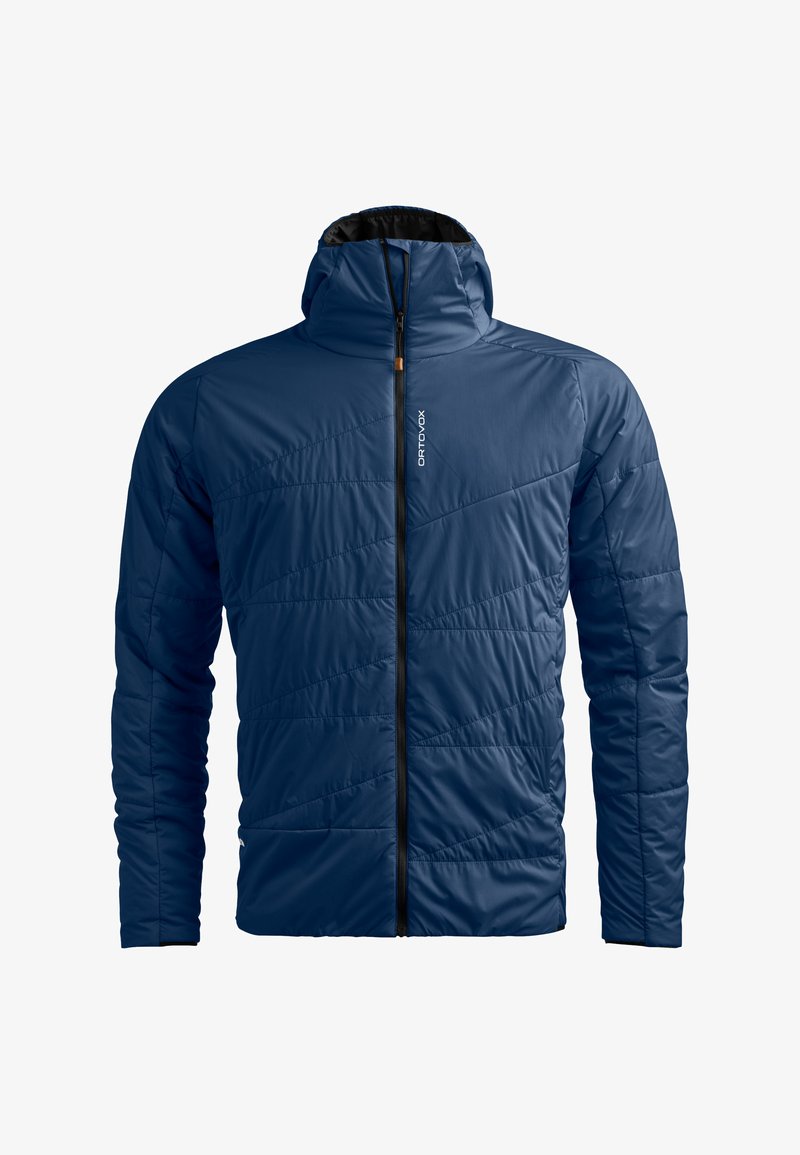 Navy insulated jacket with a zip closure, hood, and diagonal quilting pattern. Features black trim and a logo on the front.