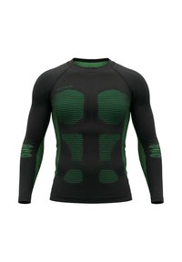 Long-sleeve performance shirt in black with green striped accents. Features a fitted design and textured panels for enhanced support.