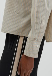 Striped shirt with beige and navy vertical lines, featuring a tucked sleeve and buttoned cuff. The fabric appears smooth and lightweight.