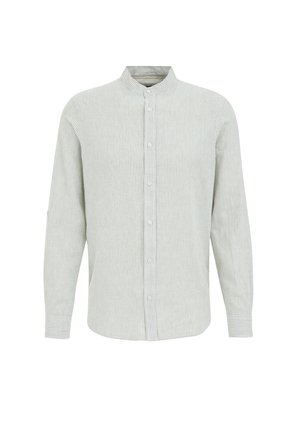 Langlijf shirt in lichtgroen met witte verticale strepen, voorzien van een staande kraag, knoopsluiting en textuurstof.