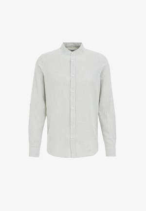 Langarmhemd in Hellgrün mit weißen vertikalen Streifen, ausgestattet mit Stehkragen, Knopfverschluß und strukturiertem Stoff.