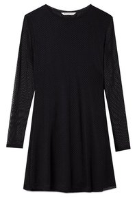Vestido negro de manga larga con un patrón de puntos texturizados, escote redondo y una silueta acampanada, fabricado en un material ligero.