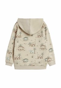 Beige hoodie med dinosauriemönster som visar olika dinosaurier och växter. Mjuk material, långa ärmar och huva.