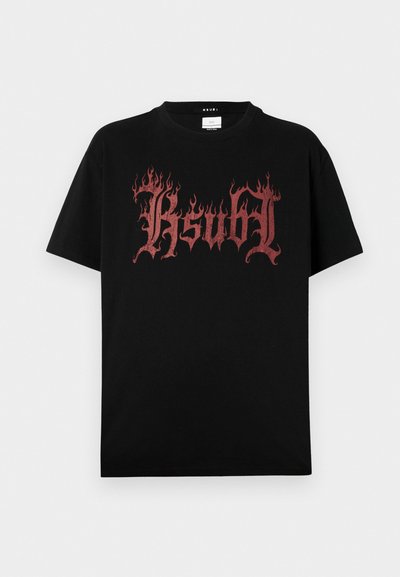 Black cotton t-shirt featuring a large red flame-style graphic print with the text "Ksubi" on the front. Crew neck and short sleeves.
