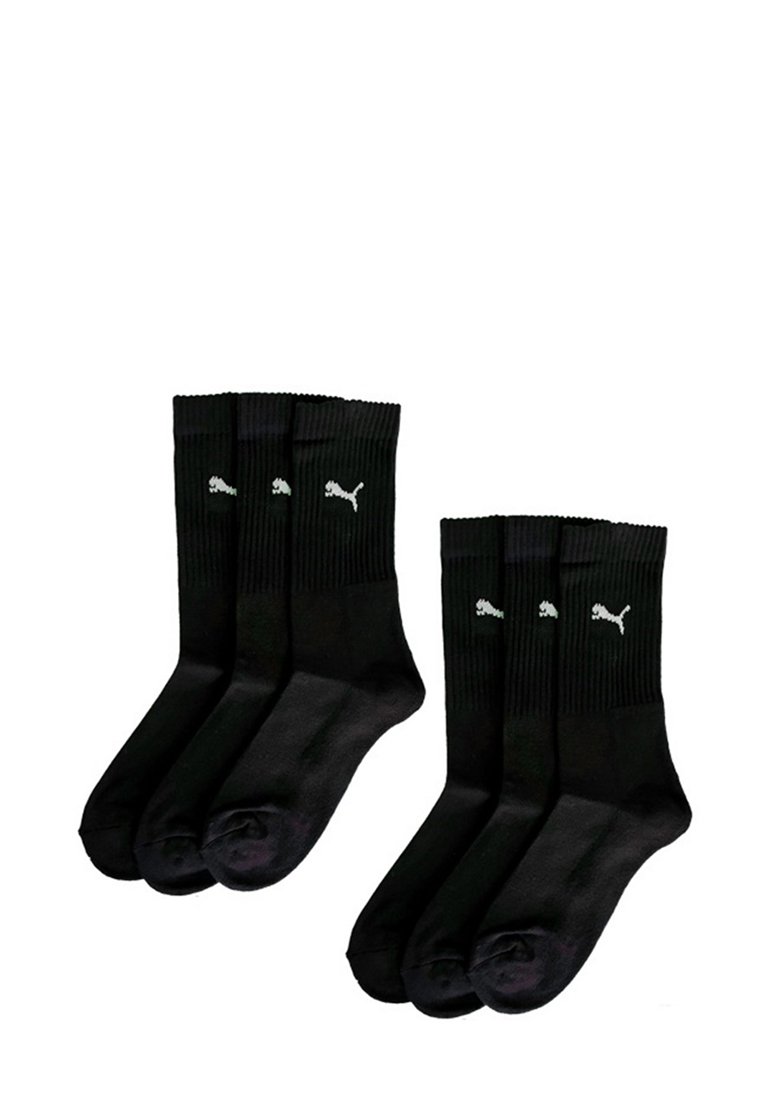 Schwarze Baumwollcrew-Socken mit gerippter Textur, ausgestattet mit drei kleinen weißen Puma-Logos am Bündchen, verkauft in einem Pack mit vier Paaren.