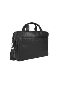 Schwarze Lederaktentasche mit zwei Griffen oben, abnehmbarem Schultergurt, schlankem Design, einem Reißverschluss und einer Vordertasche.