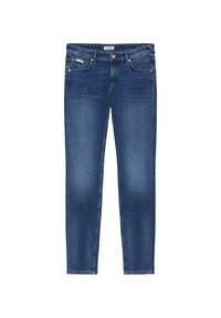 Mørkeblå jeans laget av denim, med smal passform, fem lommer og metallknapplukking. Svakt falmet finish ved lårene.