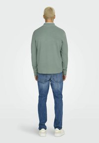 Groene trui met een kraag, gecombineerd met lichtblauwe denim jeans. Model draagt witte sneakers. Zicht van achteren. Glad stoftextuur.