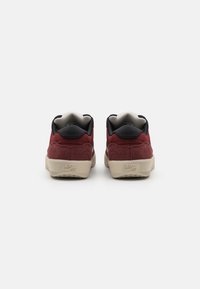 Een paar rode en zwarte Nike SB-sneakers gezien van achteren op een effen witte achtergrond, waarbij de hakken en zolen worden getoond.