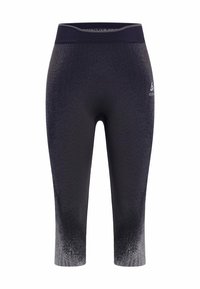 Schwarze, enganliegende Capri-Leggings mit subtiler Farbverlauf-Textur, elastischem Bund und kleinem Logoakzent am Unterschenkel.