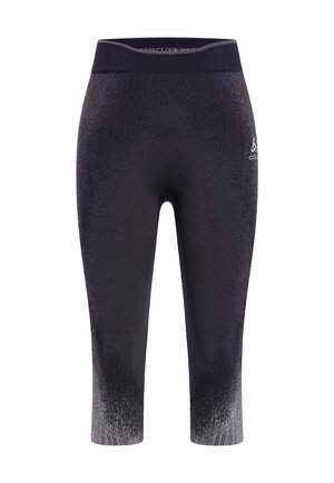 Black, fitted capri leggings with subtle gradient texture, elastic waistband, and small logo accent on the lower leg.