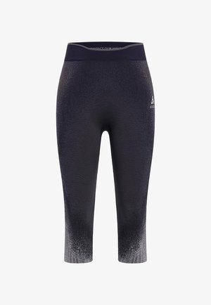 Black, fitted capri leggings with subtle gradient texture, elastic waistband, and small logo accent on the lower leg.