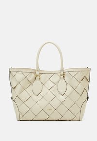 Woven leather tote bag in pale cream, featuring a geometric pattern, dual top handles, and gold-tone hardware accents.