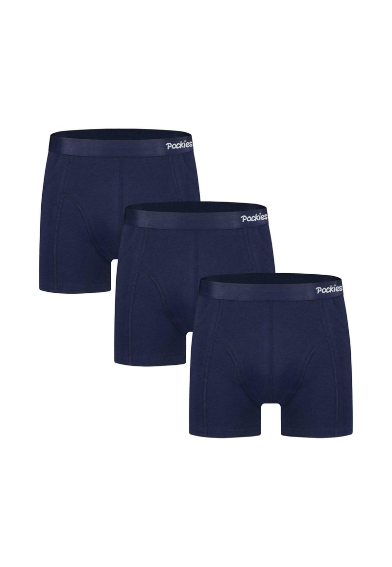 Mørkeblå boksershorts laget av bomull med en myk tekstur, med en logoert midjebånd og en tettsittende design. Tre par vist.