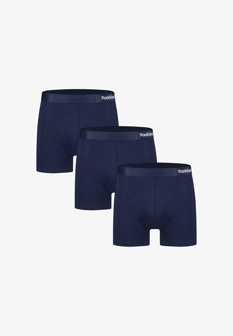 Mörkblå boxershorts i bomull med en mjuk textur, med en resår med logo och en åtsittande design. Tre par visas.