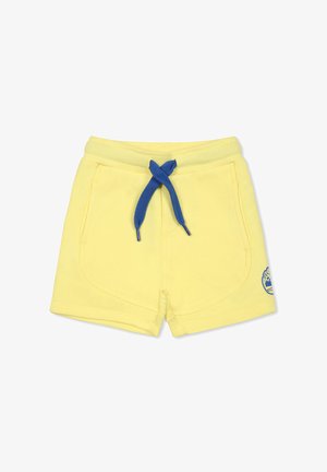 Shorts en coton jaunes avec un cordon de serrage bleu, dotés de deux poches latérales et d'un petit patch logo sur le bas à droite.