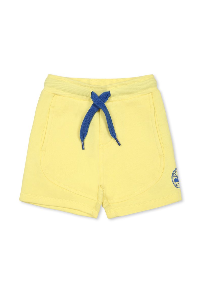 Gele katoenen shorts met een blauwe koord, voorzien van twee zijzakken en een klein logo-embleem aan de onderkant rechts.
