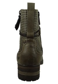 Stivaletti alla caviglia con motivo houndstooth verde, finitura in pelle texturizzata, zip posteriore e accenti marroni sulla suola e sul tacco.