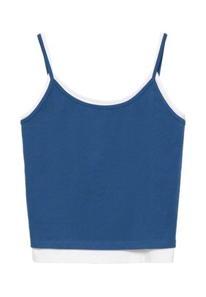 Blauw-wit gelaagde cami-top met dunne schouderbandjes, plat weergegeven op een witte achtergrond.