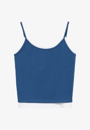 Blauw-wit gelaagde cami-top met dunne schouderbandjes, plat weergegeven op een witte achtergrond.