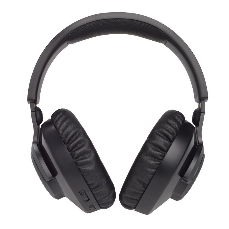 Cuffie wireless over-ear con un design elegante nero, cuscinetti per le orecchie imbottiti, archetto regolabile e pulsanti di controllo sul lato.