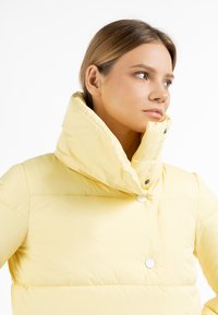 Geel pufferjack met hoge kraag, lichtgewicht materiaal, knoopsluiting en een gladde, glanzende textuur. Eenvoudig ontwerp zonder patronen.