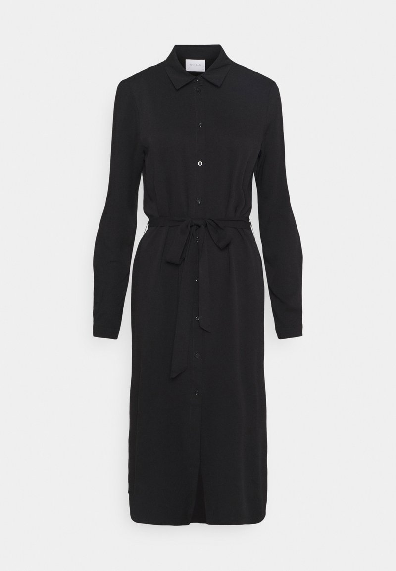 Robe chemise midi noire à manches longues, col, boutons sur le devant et ceinture à nouer en tissu à la taille.