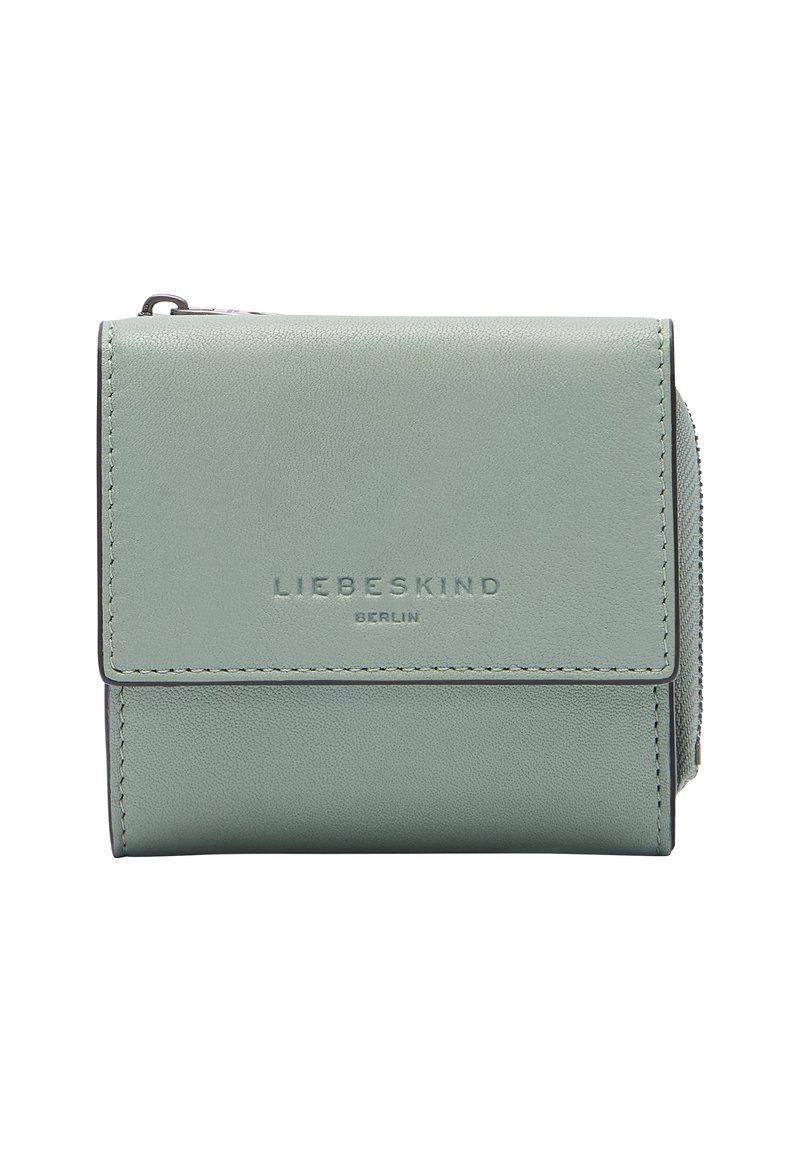 Miętowo-zielony skórzany portfel o gładkiej fakturze, składanym designie i wytłoczonym logo. Posiada zamykaną na zamek kieszeń oraz kontrastowe przeszycia.
