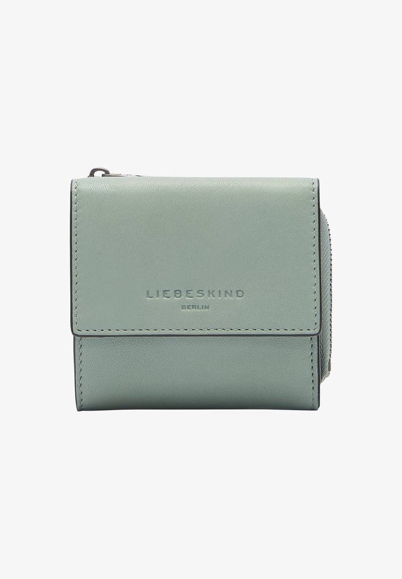 Miętowo-zielony skórzany portfel o gładkiej fakturze, składanym designie i wytłoczonym logo. Posiada zamykaną na zamek kieszeń oraz kontrastowe przeszycia.