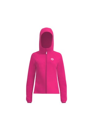 Fleece ritsjack in levendig roze. Voorzien van een capuchon, lange mouwen en een stoffen logo op de borst. Gladde textuur met een aansluitend ontwerp.