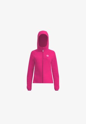 Fleece ritsjack in levendig roze. Voorzien van een capuchon, lange mouwen en een stoffen logo op de borst. Gladde textuur met een aansluitend ontwerp.