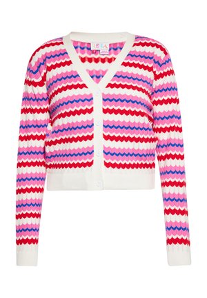 Cardigan accorciato con scollo a V, caratterizzato da un motivo a zigzag in tonalità rosse, rosa e blu su uno sfondo crema. Cinque bottoni nella parte anteriore.