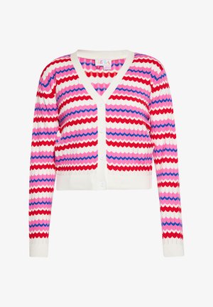 Korte cardigan met V-hals, voorzien van een zigzagpatroon in rode, roze en blauwe tinten op een crèmekleurige achtergrond. Vijf knopen aan de voorkant.