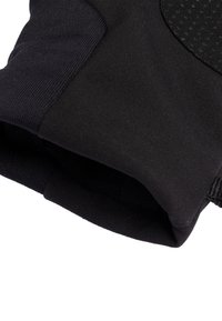 Zwarte handschoen met een gladde stoffen buitenkant en een getextureerd gripdetail op de palm. Heeft een elastische polsopening voor een veilige pasvorm.