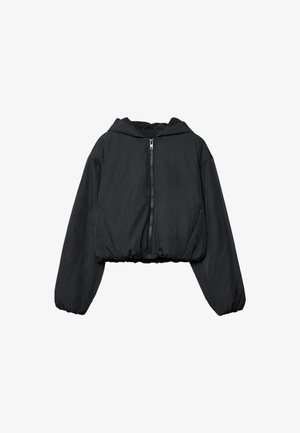 Black cropped hooded jacket with front zipper, long puffed sleeves, and elasticized cuffs and hem.