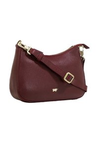 Borsa a spalla in pelle color maro con finitura testurizzata, hardware dorato, tracolla regolabile e chiusura con zip. Presenta un piccolo logo impresso.
