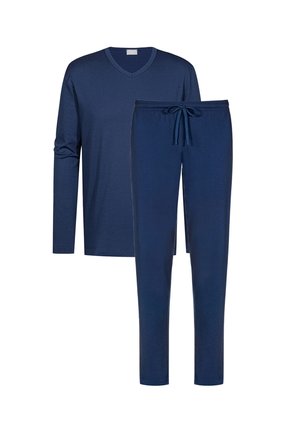 Marineblauw shirt met lange mouwen en V-hals en bijpassende broek met trekkoord, afgebeeld op een effen witte achtergrond.