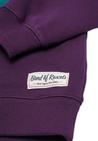 Lila ribbad ärm och midja på en sweatshirt med en vit tygetikett som säger "Band of Rascals Finest Organic Kids Clothes."