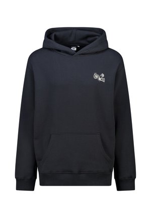 Schwarzer Hoodie aus weichem Stoff. Mit einer Fronttasche, einer Kapuze mit Zugband und einem kleinen weißen Grafikmotiv auf der Brust.
