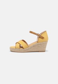 Yellow wedge sandals with a canvas upper, two cross straps, adjustable ankle strap, and a jute-wrapped platform sole.