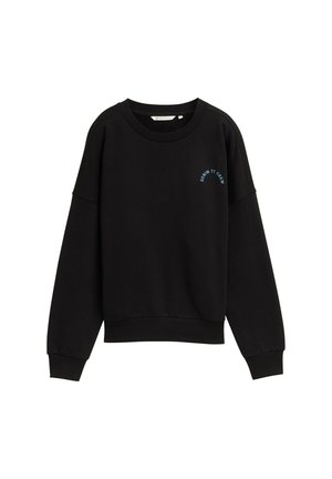 Mustar värvi dressipluus ümarate kraega ja madalate õlgadega. Esiküljel sinine tekst "DENIM IT CREW". Pehme kangas ja soonikkoes varrukad.