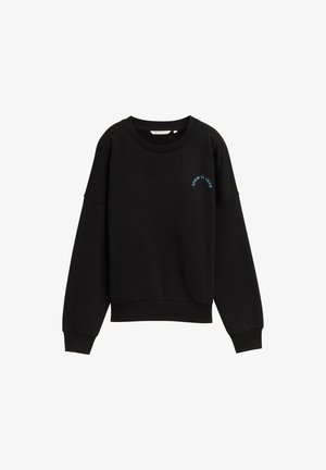 Mustar värvi dressipluus ümarate kraega ja madalate õlgadega. Esiküljel sinine tekst "DENIM IT CREW". Pehme kangas ja soonikkoes varrukad.