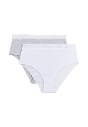 Due slip da donna, uno bianco e uno grigio chiaro, ciascuno con una fascia in vita rifinita in pizzo, mostrati distesi su sfondo bianco.