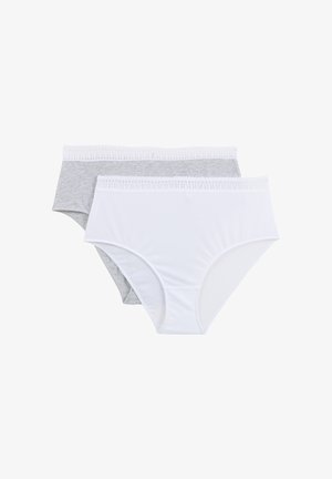 Deux culottes pour femmes, une blanche et une gris clair, chacune avec une taille bordée de dentelle, présentées à plat sur un fond blanc.