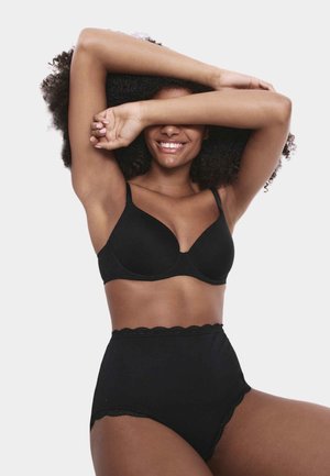 Black lingerie set featuring a padded bra with adjustable straps and high-waisted briefs with scalloped lace trim. Smooth texture.