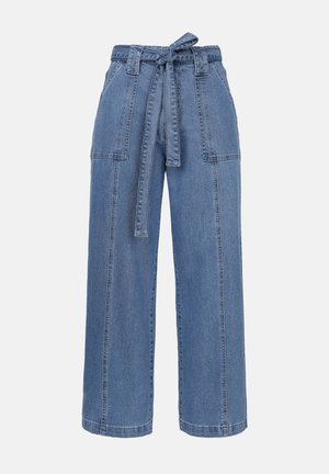 Hellblaue Denim-Hose mit weitem Bein, einem taillierten Gürtel, zwei frontalen Taschen und einem lässigen Schnitt. Verfügt über eine glatte Textur und einen geraden Saum.