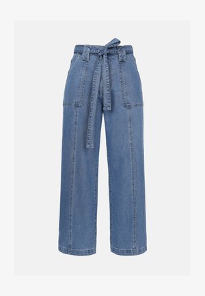 Světlé modré denimové kalhoty s širokými nohavicemi, páskem a dvěma předními kapsami, s uvolněným střihem. Mají hladkou strukturu a rovný lem.