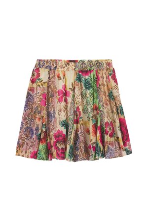 Jupe plissée multicolore avec ceinture élastique, présentant des motifs floraux et géométriques vibrants en rose, vert, violet et beige.