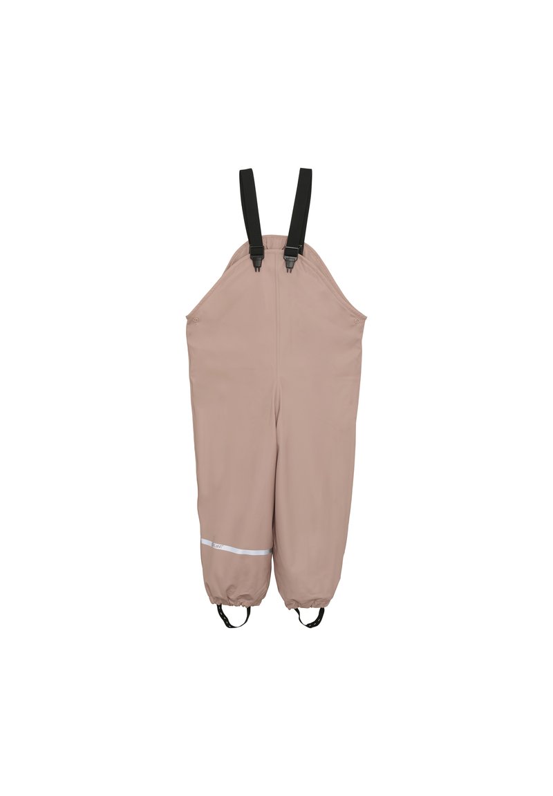 Salopette imperméable de couleur rose pâle, avec des bretelles réglables noires, des poignets élastiques et une bande réfléchissante blanche près de l'ourlet.